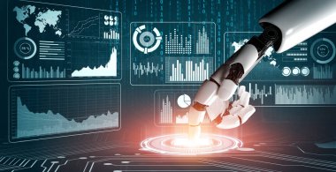3D Rending gelecekteki robot teknolojisi geliştirme, yapay zeka yapay zeka ve makine öğrenme konsepti. İnsan hayatının geleceği için küresel robot biyonik bilim araştırması.
