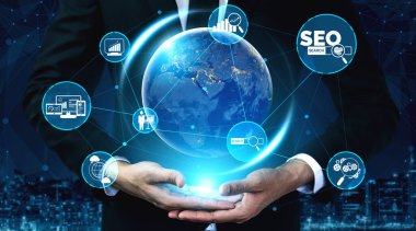 SEO - Çevrimiçi Pazarlama Konsepti için Arama Motoru Optimizasyonu. Anahtar kelime araştırma web sitesinin tanıtımını gösteren modern grafik arayüzü müşteri aramasını optimize ederek ve pazar stratejisini analiz ederek.