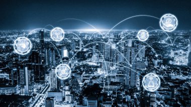 Modern yaratıcı telekomünikasyon ve internet ağı akıllı şehirde birleşiyor. 5G kablosuz dijital bağlantı ve gelecekteki şeylerin interneti kavramı.