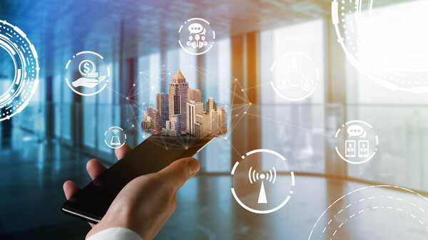 Modern creative telecommunication and internet network connect in smart city. Concept of 5G wireless digital connection and internet of things future.