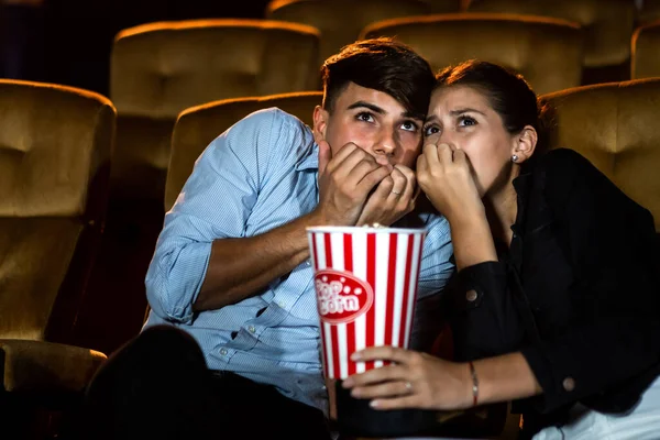 Couple Lovers Watching Movie Shock Eyes Close Movie Theater Cinema — Stock Photo, Image