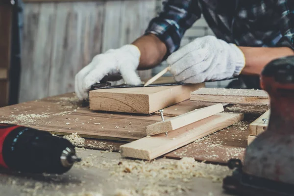 Carpenter Working Wood Craft Workshop Produce Construction Material Wooden Furniture — Stock Photo, Image