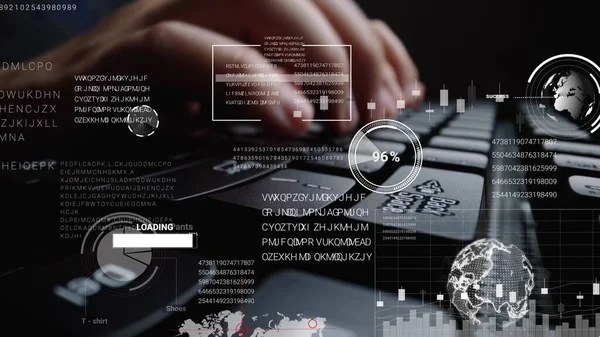 Человек Работающий Клавиатуре Ноутбука Графическим Интерфейсом Пользователя Gui Голограмма Показывающая — стоковое фото