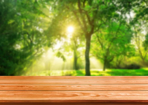 棕色木表在绿色模糊自然背景的树木和草在公园与空的复制空间在桌子上的产品展示模型 新鲜弹簧和天然产品概念 — 图库照片