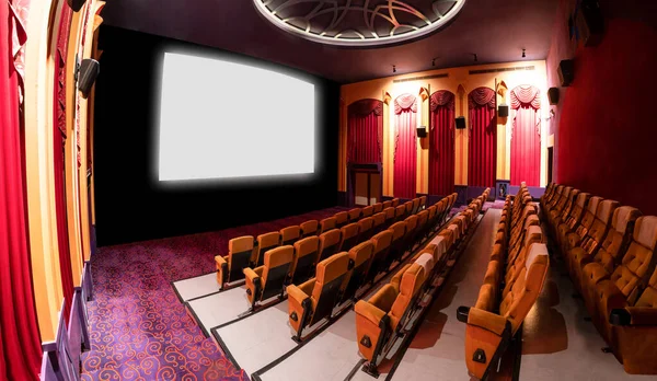 Cinema Theater Screen Front Seat Rows Movie Theater Showing White — Stock Photo, Image