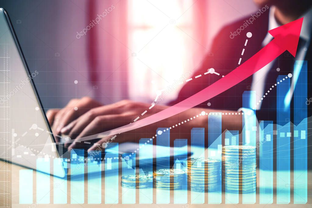 Double Exposure Image of Business and Finance - Businessman with report chart up forward to financial profit growth of stock market investment.