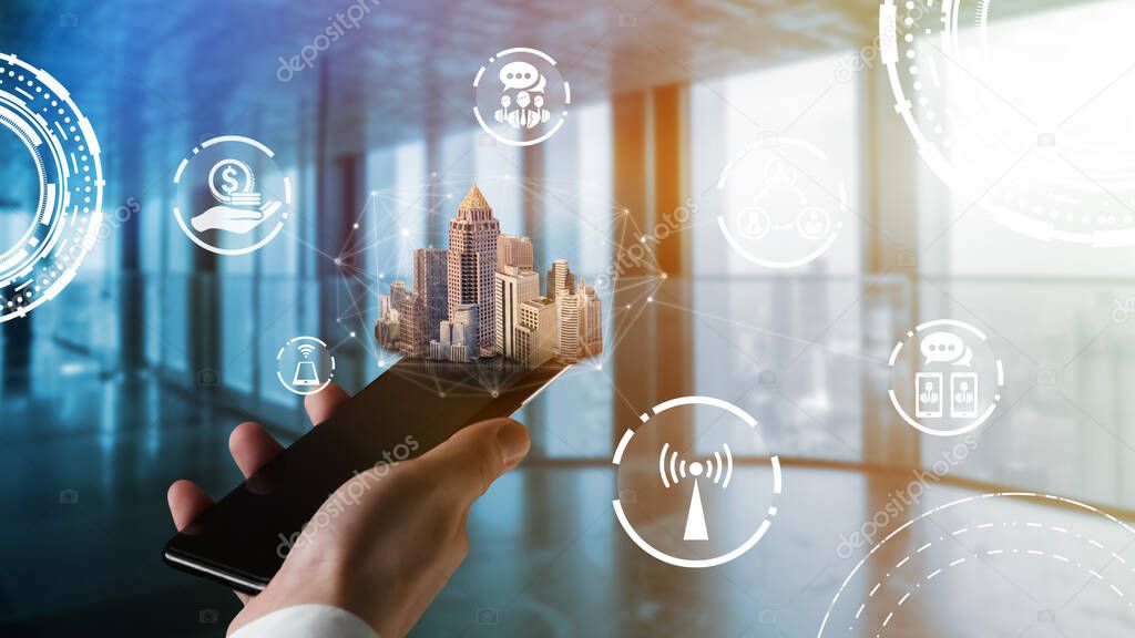 Modern creative telecommunication and internet network connect in smart city. Concept of 5G wireless digital connection and internet of things future.