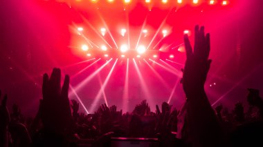 Mutlu insanlar gece kulübü DJ parti konserinde dans eder ve sahnede DJ 'den elektronik dans müziği dinlerler. Siluet dolu neşeli kalabalık 2020 yılbaşı partisini kutluyor. İnsanların yaşam tarzı DJ gece hayatı.