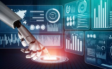 3D Rending gelecekteki robot teknolojisi geliştirme, yapay zeka yapay zeka ve makine öğrenme konsepti. İnsan hayatının geleceği için küresel robot biyonik bilim araştırması.