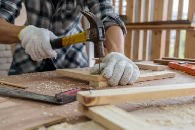 Marangoz atölyede ahşap işçiliği yapıyor. İnşaat malzemesi ya da ahşap mobilya üretiyor. Genç Asyalı marangoz zanaat için profesyonel araçlar kullanır. DIY üreticisi ve marangozluk konsepti.