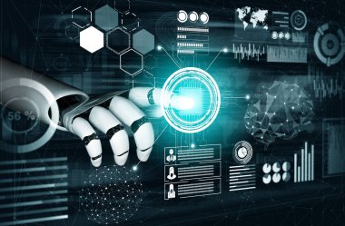 3D Rending gelecekteki robot teknolojisi geliştirme, yapay zeka yapay zeka ve makine öğrenme konsepti. İnsan hayatının geleceği için küresel robot biyonik bilim araştırması.