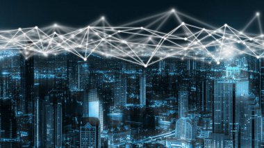Modern yaratıcı telekomünikasyon ve internet ağı akıllı şehirde birleşiyor. 5G kablosuz dijital bağlantı ve gelecekteki şeylerin interneti kavramı.