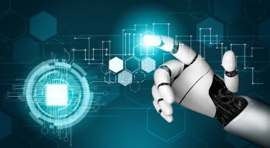 3D Rending gelecekteki robot teknolojisi geliştirme, yapay zeka yapay zeka ve makine öğrenme konsepti. İnsan hayatının geleceği için küresel robot biyonik bilim araştırması.