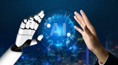 3D Rending gelecekteki robot teknolojisi geliştirme, yapay zeka yapay zeka ve makine öğrenme konsepti. İnsan hayatının geleceği için küresel robot biyonik bilim araştırması.