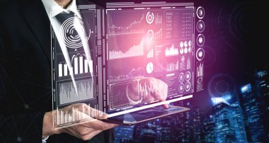İş Mali Analitik Konsepti için Büyük Veri Teknolojisi. Modern grafik arayüzü ekranda iş satış raporu, kâr tablosu ve hisse senedi eğilimleri analizi hakkında devasa bilgiler gösteriyor.