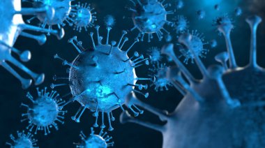 3 boyutlu illüstrasyon Coronavirus COVID-19 virüsü mikroskop altında kan örneği arka planında. Coronavirus Covid-19 salgını pandemik sağlık riskine neden oldu. Corona virüs hücresi 3D görüntüleme ile üretilir.