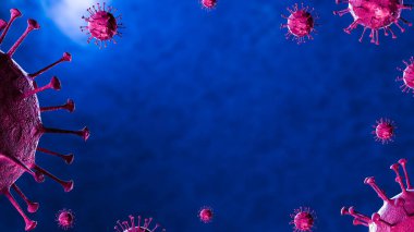 3 boyutlu illüstrasyon Coronavirus COVID-19 virüsü mikroskop altında kan örneği arka planında. Coronavirus Covid-19 salgını pandemik sağlık riskine neden oldu. Corona virüs hücresi 3D görüntüleme ile üretilir.
