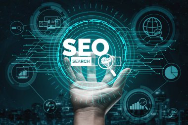 SEO - Çevrimiçi Pazarlama Konsepti için Arama Motoru Optimizasyonu. Anahtar kelime araştırma web sitesinin tanıtımını gösteren modern grafik arayüzü müşteri aramasını optimize ederek ve pazar stratejisini analiz ederek.