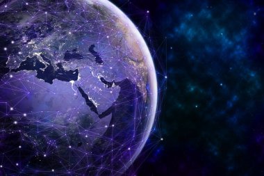 Küresel ağ, modern yaratıcı telekomünikasyon ve internet bağlantısı. 5G kablosuz dijital bağlantı ve gelecekteki şeylerin interneti kavramı.