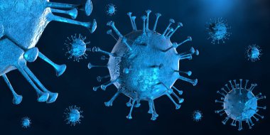 3 boyutlu illüstrasyon Coronavirus COVID-19 virüsü mikroskop altında kan örneği arka planında. Coronavirus Covid-19 salgını pandemik sağlık riskine neden oldu. Corona virüs hücresi 3D görüntüleme ile üretilir.