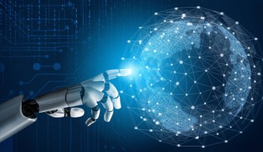 3D Rending gelecekteki robot teknolojisi geliştirme, yapay zeka yapay zeka ve makine öğrenme konsepti. İnsan hayatının geleceği için küresel robot biyonik bilim araştırması.