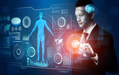 3D Rending gelecekteki robot teknolojisi geliştirme, yapay zeka yapay zeka ve makine öğrenme konsepti. İnsan hayatının geleceği için küresel robot biyonik bilim araştırması.