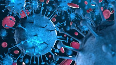 3 boyutlu illüstrasyon Coronavirus COVID-19 virüsü mikroskop altında kan örneği arka planında. Coronavirus Covid-19 salgını pandemik sağlık riskine neden oldu. Corona virüs hücresi 3D görüntüleme ile üretilir.