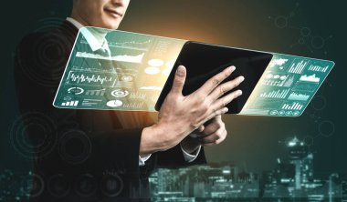 İş ve Finans Konsepti Veri Analizi. Kâr analitiği, çevrimiçi pazarlama araştırması ve dijital iş stratejisi için bilgi raporunun gelecekteki bilgisayar teknolojisini gösteren grafik arayüzü.