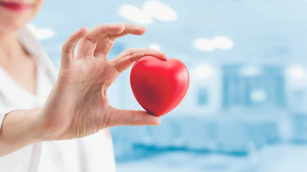 Dokter Memegang Jantung Merah Kantor Rumah Sakit Konsep Layanan Kesehatan — Stok Foto
