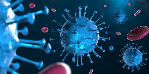 3D illustration Coronavirus COVID-19 virus under microscope in blood sample background. Outbreak of Coronavirus Covid-19 caused pandemic health risk. Corona virus cell is generated by 3D rendering.