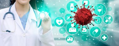 Coronavirus COVID 19 tıbbi test aşısı araştırma ve geliştirme konsepti. COVID-19 için ilaç tedavisi üretmek üzere Coronavirus antikor bilimsel örneklerini inceleyen ve analiz eden bilim insanları.