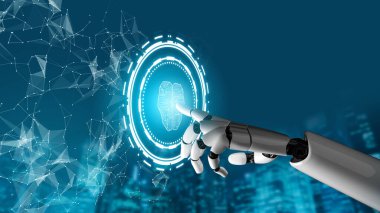 3D Rending gelecekteki robot teknolojisi geliştirme, yapay zeka yapay zeka ve makine öğrenme konsepti. İnsan hayatının geleceği için küresel robot biyonik bilim araştırması.