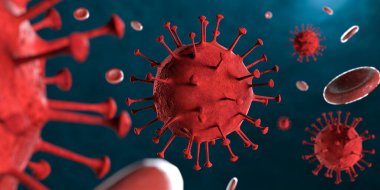 3 boyutlu illüstrasyon Coronavirus COVID-19 virüsü mikroskop altında kan örneği arka planında. Coronavirus Covid-19 salgını pandemik sağlık riskine neden oldu. Corona virüs hücresi 3D görüntüleme ile üretilir.