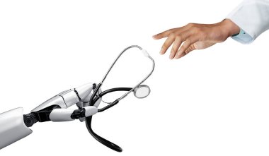 3D tıbbi yapay zeka robotu geleceğin hastanesinde çalışıyor. Hasta ve biyomedikal teknoloji konsepti için gelecekteki protez sağlık hizmetleri.