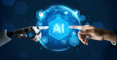 3D Rending gelecekteki robot teknolojisi geliştirme, yapay zeka yapay zeka ve makine öğrenme konsepti. İnsan hayatının geleceği için küresel robot biyonik bilim araştırması.