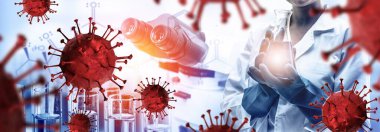 Coronavirus COVID 19 tıbbi test aşısı araştırma ve geliştirme konsepti. COVID-19 için ilaç tedavisi üretmek üzere Coronavirus antikor bilimsel örneklerini inceleyen ve analiz eden bilim insanları.