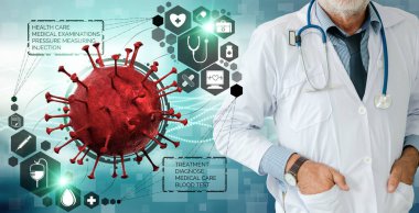 Coronavirus COVID 19 tıbbi test aşısı araştırma ve geliştirme konsepti. COVID-19 için ilaç tedavisi üretmek üzere Coronavirus antikor bilimsel örneklerini inceleyen ve analiz eden bilim insanları.