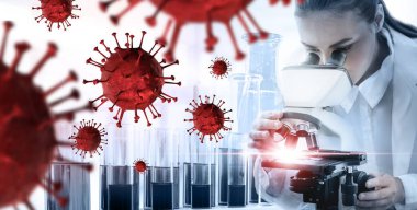 Coronavirus COVID 19 tıbbi test aşısı araştırma ve geliştirme konsepti. COVID-19 için ilaç tedavisi üretmek üzere Coronavirus antikor bilimsel örneklerini inceleyen ve analiz eden bilim insanları.