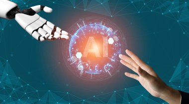 3D Rending gelecekteki robot teknolojisi geliştirme, yapay zeka yapay zeka ve makine öğrenme konsepti. İnsan hayatının geleceği için küresel robot biyonik bilim araştırması.