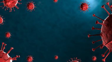 3 boyutlu illüstrasyon Coronavirus COVID-19 virüsü mikroskop altında kan örneği arka planında. Coronavirus Covid-19 salgını pandemik sağlık riskine neden oldu. Corona virüs hücresi 3D görüntüleme ile üretilir.