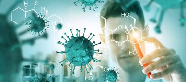 Coronavirus COVID 19 tıbbi test aşısı araştırma ve geliştirme konsepti. COVID-19 için ilaç tedavisi üretmek üzere Coronavirus antikor bilimsel örneklerini inceleyen ve analiz eden bilim insanları.