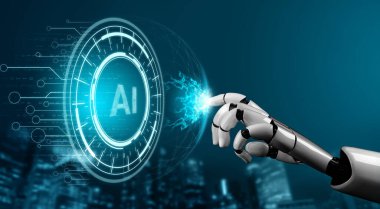 3D Rending gelecekteki robot teknolojisi geliştirme, yapay zeka yapay zeka ve makine öğrenme konsepti. İnsan hayatının geleceği için küresel robot biyonik bilim araştırması.