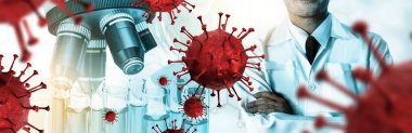 Coronavirus COVID 19 tıbbi test aşısı araştırma ve geliştirme konsepti. COVID-19 için ilaç tedavisi üretmek üzere Coronavirus antikor bilimsel örneklerini inceleyen ve analiz eden bilim insanları.