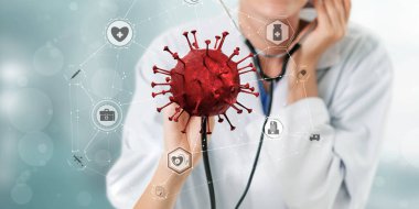 Coronavirus COVID 19 tıbbi test aşısı araştırma ve geliştirme konsepti. COVID-19 için ilaç tedavisi üretmek üzere Coronavirus antikor bilimsel örneklerini inceleyen ve analiz eden bilim insanları.