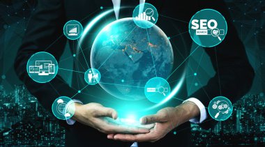 SEO - Çevrimiçi Pazarlama Konsepti için Arama Motoru Optimizasyonu. Anahtar kelime araştırma web sitesinin tanıtımını gösteren modern grafik arayüzü müşteri aramasını optimize ederek ve pazar stratejisini analiz ederek.