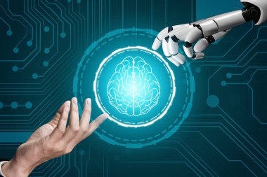 3D Rending gelecekteki robot teknolojisi geliştirme, yapay zeka yapay zeka ve makine öğrenme konsepti. İnsan hayatının geleceği için küresel robot biyonik bilim araştırması.