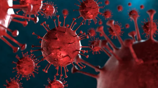 3D illustration Coronavirus COVID-19 virus under microscope in blood sample background. Outbreak of Coronavirus Covid-19 caused pandemic health risk. Corona virus cell is generated by 3D rendering.