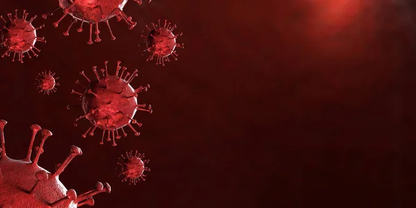 3D illustration Coronavirus COVID-19 virus under microscope in blood sample background. Outbreak of Coronavirus Covid-19 caused pandemic health risk. Corona virus cell is generated by 3D rendering.