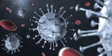 3 boyutlu illüstrasyon Coronavirus COVID-19 virüsü mikroskop altında kan örneği arka planında. Coronavirus Covid-19 salgını pandemik sağlık riskine neden oldu. Corona virüs hücresi 3D görüntüleme ile üretilir.