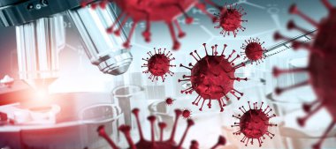 Coronavirus COVID 19 tıbbi test aşısı araştırma ve geliştirme konsepti. COVID-19 için ilaç tedavisi üretmek üzere Coronavirus antikor bilimsel örneklerini inceleyen ve analiz eden bilim insanları.